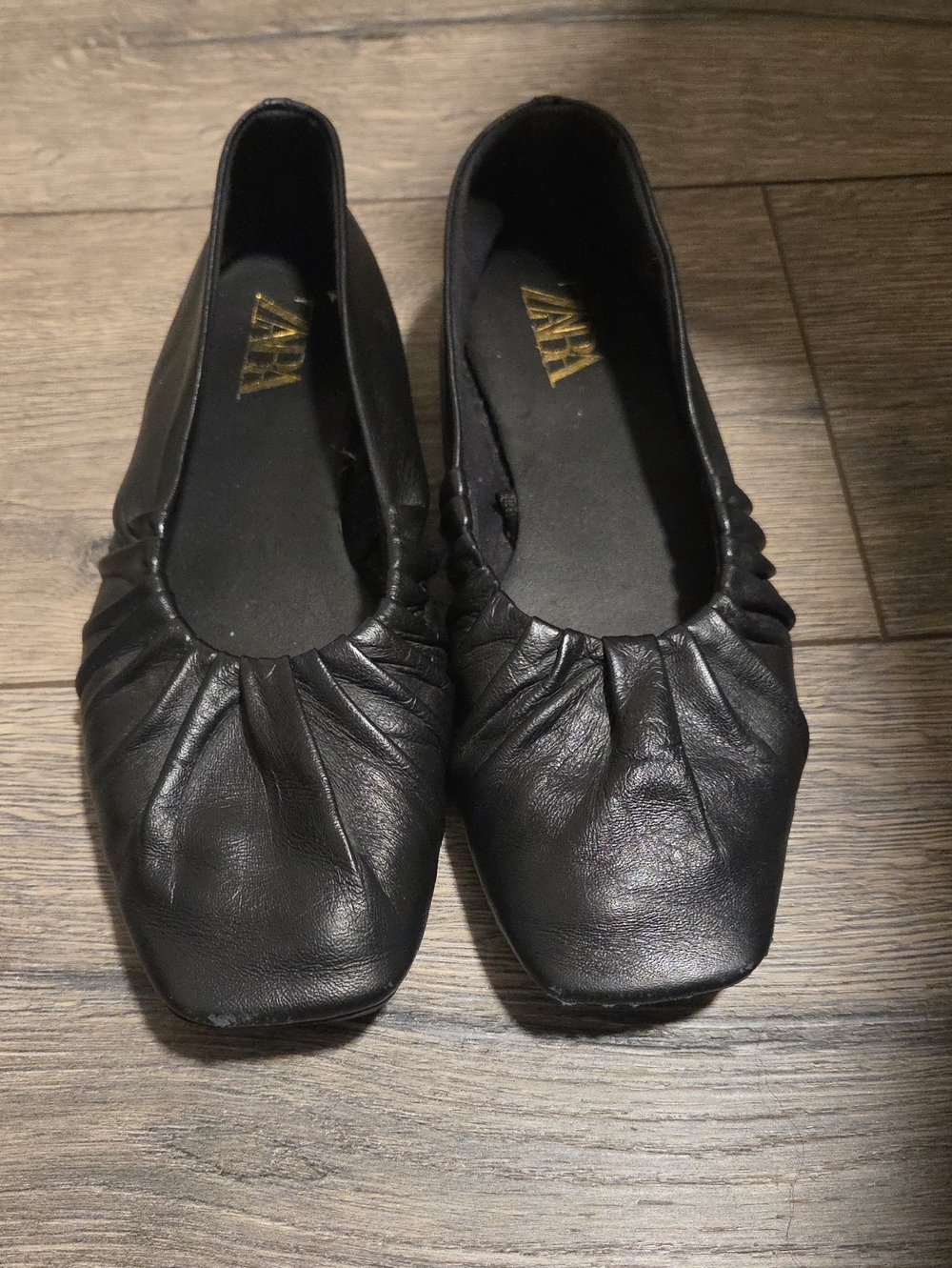 Zara Black Ruched Square-Toe Ballet Flats